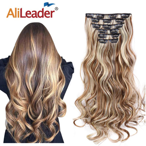 Alileader-Conjunto de extensiones de pelo largo sintético para mujer, 22 pulgadas, rizado, resistente al calor, color marrón claro, gris, Rubio, con Clip en cabello ombré ► Foto 1/6