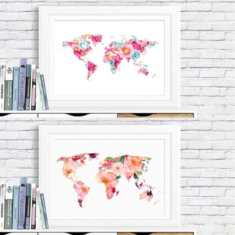 Cartel del mapa del mundo e impresiones para chicas, Arte de la pared Decoración de habitación, acuarela Floral, mapa del mundo, imagen artística Chic, pintura en lienzo ► Foto 1/6