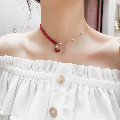 Nuevo pequeño corazón rojo Simple temperamento neto rojo collar con cadena de perlas rojo collar de cuerda mujeres joyería de la boda ► Foto 1/6