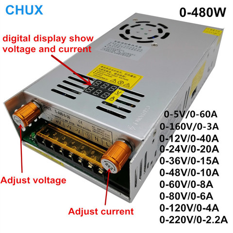 Fuente de alimentación conmutada con pantalla Digital de 480w, 5v, 12v, 24v, 36v, 48V, 60v, 160v, convertidor de AC-DC ajustable, fuente de alimentación LED de 80V, 120v y 220v ► Foto 1/6