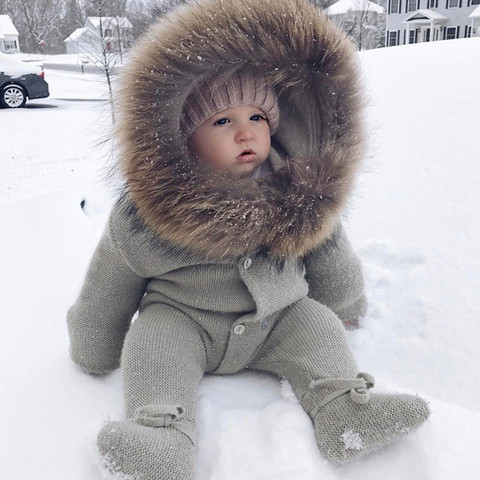 Ropa de punto con pie y capucha para bebé, ropa con Cuello de piel para invierno, exteriores, 3-24M, sudaderas infantiles con botonadura única ► Foto 1/6