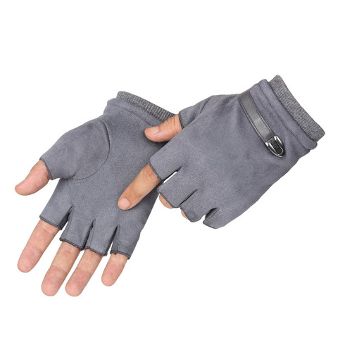 Guantes sin dedos para hombre, conducción de cuero de gamuza negro gris, medio dedo para hombre, guantes elásticos, guantes de invierno para bicicleta al aire libre ► Foto 1/6