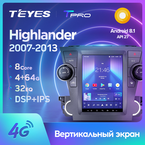 TEYES TPRO para Toyota Highlander 2 XU40 2007 - 2013 para estilo Tesla Radio del coche de la pantalla de Video Multimedia reproductor GPS de navegación Android No 2din 2 din dvd ► Foto 1/6