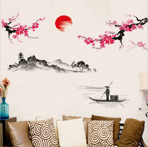 Sakura-pegatina de decoración de pared estilo chino, flor de cerezo Rosa japonés, árbol ► Foto 1/6