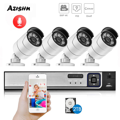 AZISHN H.265 + 4CH 8MP 4K sistema CCTV NVR POE Kit de 3840X2160 de Audio resistente al agua cámara IP Metal bala sistema de cámaras de seguridad para el hogar ► Foto 1/6