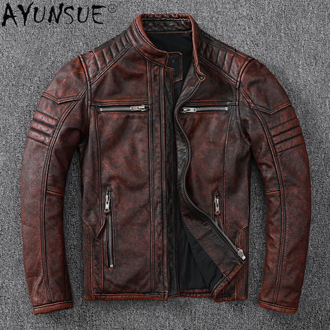 Ayunsure-Chaqueta de cuero de vaca auténtico para Hombre, traje de motocicleta, ropa Retro, abrigo de otoño, LXR707 ► Foto 1/6