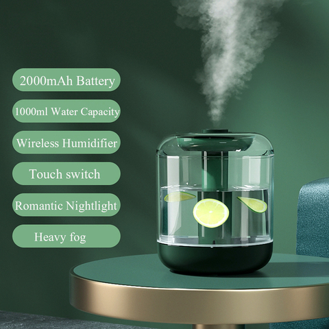 Humidificador de aire inalámbrico de 1L, nebulizador ultrasónico de niebla fría, batería recargable de 2000mAh, difusor de agua USB con luz LED ► Foto 1/6