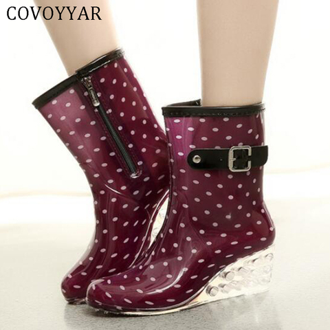 COVOYYAR-Botas de lluvia de cuña para mujer, botines impermeables de tacón transparente, botines de lunares florales, zapatos de gelatina, 8 estilos, WBS093, 2022 ► Foto 1/6