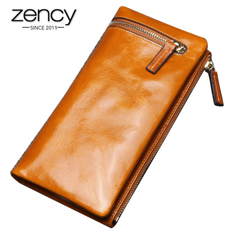 Zency-billeteras de piel auténtica para mujer, carteras de gran capacidad, tarjetero, cartera larga de alta calidad, color negro y azul ► Foto 1/6