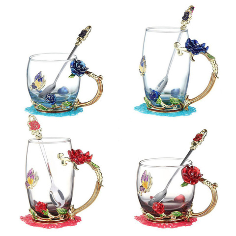 Rosa de cristal de esmalte taza de té vaso, taza de café Mariposa o rosa flor pintada agua tazas de vidrio transparente con cuchara conjunto regalo perfecto ► Foto 1/6