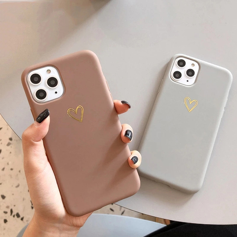 Ottwn-funda de teléfono de Color sólido Simple para iphone, carcasa de TPU suave con corazones de amor, Color marrón y gris, para iphone 11 pro, X, XR, XS Max, SE2022, 7, 8 Pro, 6, 6s Plus ► Foto 1/6