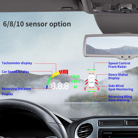 Pantalla HUD 5,5 para coche, sistema de detección de estacionamiento OBD 2, 8 sensores con asistencia de carril ciego y sensor frontal y trasero gps ► Foto 1/6