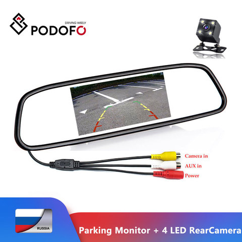 Podofo CCD HD resistente al agua sistema de monitores de aparcamiento, 4 LED de visión nocturna cámara de visión trasera del coche + Monitor retrovisor del coche de 4,3 pulgadas ► Foto 1/6