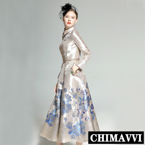 Vestido de primavera Retro de manga larga, Jacquard con flores azules, ajustado, elegante ► Foto 1/6
