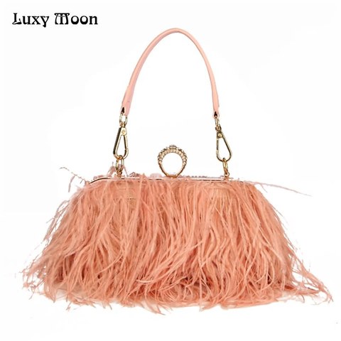 Luxy Moon-cartera con pluma de avestruz para mujer, bolso de mano de piel de avestruz, con anillos de diamante, bolso de noche con cadena, ZD855 ► Foto 1/6