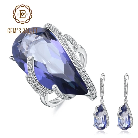 GEM'S BALLET-Conjunto de anillo y pendientes de plata de ley 925, conjunto de anillo y pendientes de cuarzo místico azul Natural, conjuntos de joyas de gota de agua para mujer ► Foto 1/6