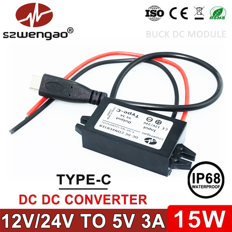 Szwengao-Convertidor de dinero de 12V, 24V a 5V, 3A, 15W, microcargador USB tipo C, regulador de voltaje de reducción, impermeable ► Foto 1/6