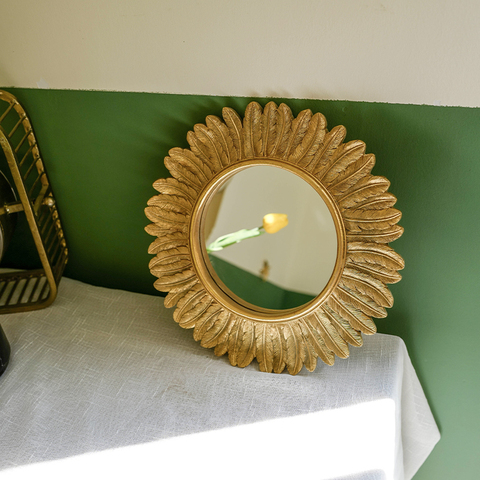 Espejo de sol Vintage, decoración Mural colgante de pared, Fondo de sala de estar, Espejos decorativos de flores de plumas doradas ► Foto 1/3