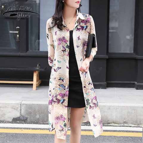 Verano protección solar mujeres blusas largas súper fino Floral gasa cárdigan media manga suelta flor estampado blusa camisas 4152 50 ► Foto 1/6