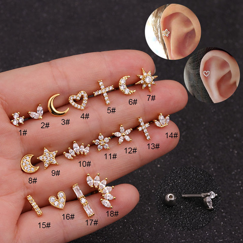 1 pieza de 1,2mm de diámetro Piercing pendientes para las mujeres pendientes de la joyería cruza Cristal de Zirconia corazón placa de acero pendientes para chica ► Foto 1/6