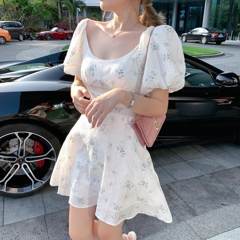 Vestido corto femenino de verano con manga abombada y estampado Floral, minivestido elegante para mujer, estilo coreano japonés, estilo Kawaii, 2022 ► Foto 1/6