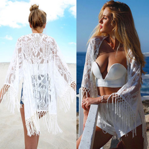 Blusa playera de encaje para mujer, Túnica ahuecada con borla de ganchillo, Kimono tipo Cárdigan para playa y verano ► Foto 1/5