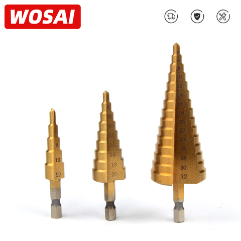 WOSAI-Flauta espiral métrica Step HSS, 3 uds., juego de herramientas de Brocas recubiertas de titanio de cono de acero 4241, cortador de agujeros 4-12/ 20/ 32mm ► Foto 1/5
