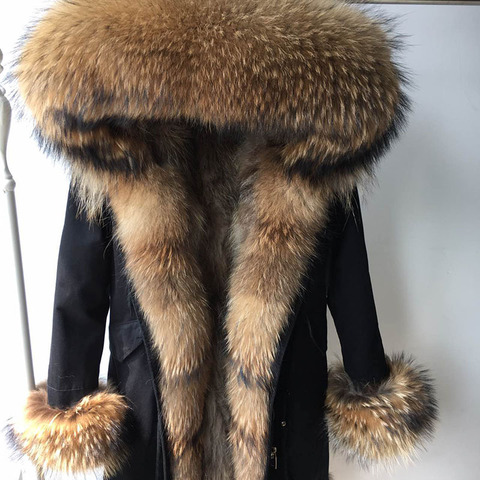 Parka-Chaqueta larga de invierno para mujer, prendas de vestir gruesas, parkas con cuello de piel auténtica natural de mapache, Abrigo con capucha, forro de piel de zorro de abrigo, novedad de 2022 ► Foto 1/6