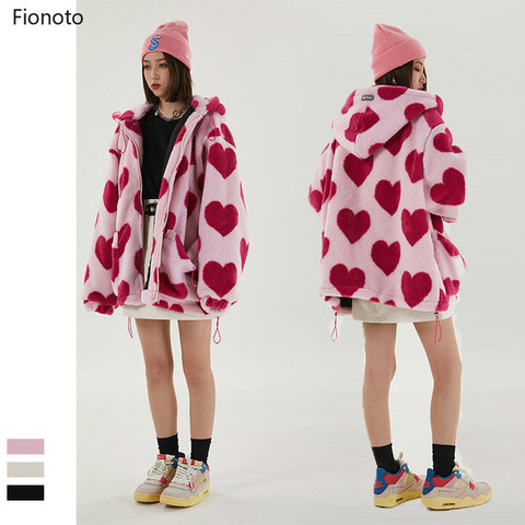 Parkas de franela de Hip Hop para mujer, sudadera de lana, ropa de calle con estampado completo de corazón, abrigo de invierno Harajuku Sherpa con cremallera, talla grande ► Foto 1/6