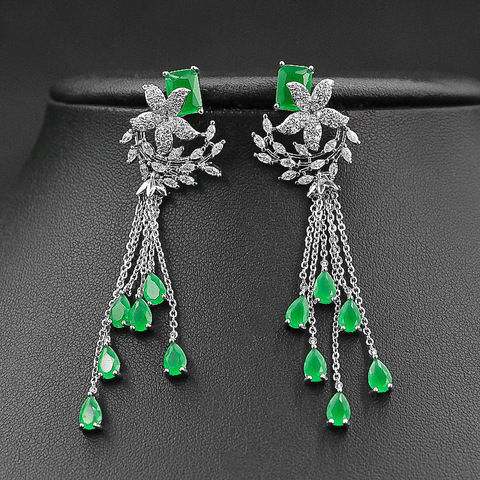 Pendientes largos de gota de borla verde para mujer, cz, regalo de boda ► Foto 1/6