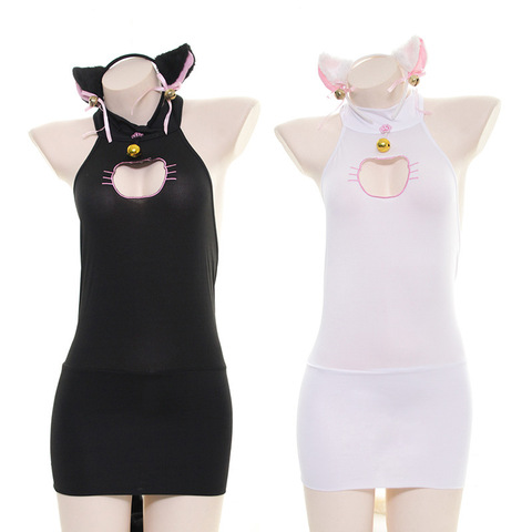 Disfraz de Neko para niña y gato, traje Sexy para mujer, dulce Lolita de Anime, vestido de pecho hueco con cola, conjunto de lencería ► Foto 1/6