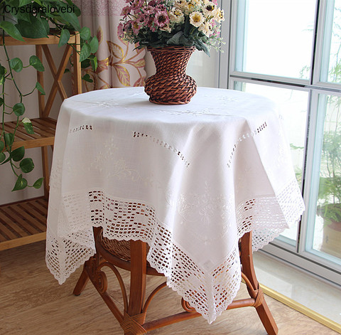 Mantel de comedor de encaje blanco americano, tejido bordado a mano, cubierta de mesa de lino y algodón, para nevera y TV ► Foto 1/5
