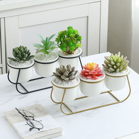 Macetas de cerámica modernas para flores, con marco de hierro dorado Negro, decoración del hogar, maceta para plantas suculentas (3 macetas + 1 soporte) ► Foto 1/6