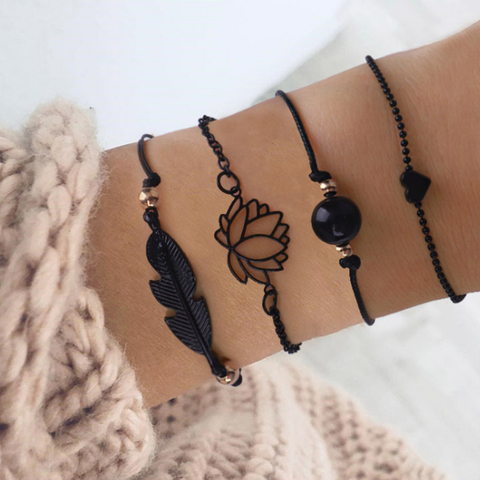 SUMENG-Conjunto de pulseras de loto de plumas de color negro gótico para mujer, brazaletes bohemios con colgante de corazón, cadena para la muñeca, 4 Uds., novedad de 2022 ► Foto 1/6