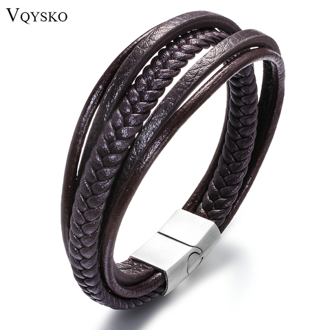 Brazaletes de cuero estilo Punk para hombre, pulsera de piel de vaca trenzada multicapa con cierre magnético, joyería ► Foto 1/6