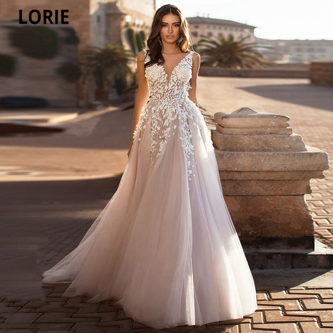 LORIE 2022 elegante V cuello playa vestidos de boda sin espalda 3D Floral Apliques de encaje vestidos de novia tul vestido de noche Plus tamaño ► Foto 1/6