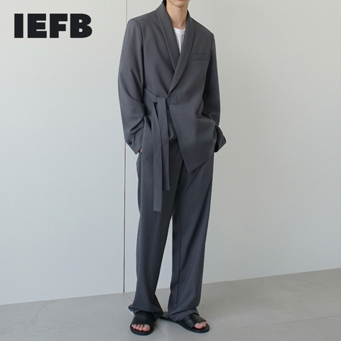 IEFB tendencia coreana traje de los hombres Casual venda cinturón chaquetas + elástico cintura recto ancho pierna pantalones de dos piezas conjunto 9Y6003 ► Foto 1/6