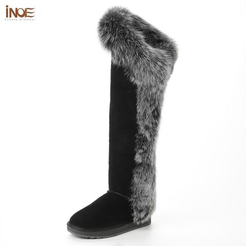 INOE nuevo lujoso de piel de zorro ártico botas de invierno para las mujeres el hasta la rodilla botas de nieve de ante de la vaca cuero negro ► Foto 1/6