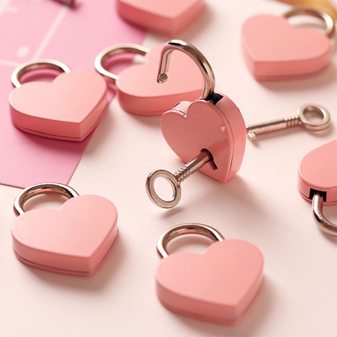 Forma de corazón Mini candado antiguo estilo Vintage rosa candados con llave de caja de joyería de la boda libro diario maleta ► Foto 1/6