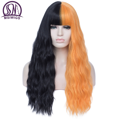 MSIWIGS largo negro y naranja Cosplay sintético pelucas con flequillo dos tonos Ombre rojo rosa blanco pelo para fiesta ► Foto 1/6