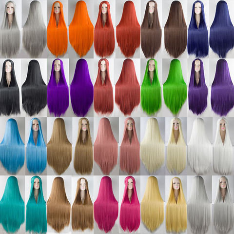 Largo recto Cosplay peluca rubia azul rojo rosa gris púrpura 20 color de pelo para fiesta 100CM cosplay sintético pelucas para mujeres BUQI ► Foto 1/6