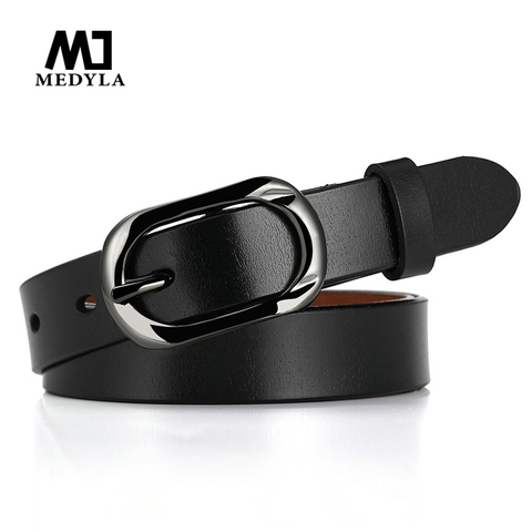 Medyla-Cinturón de cuero con hebilla de metal para mujer, cinturón vaquero de marca de lujo, calidad genuina, color negro ► Foto 1/6