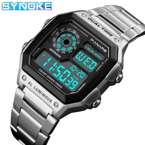 SYNOKE-relojes deportivos digitales de acero inoxidable para hombre, pulsera militar de negocios, resistente al agua hasta 5atm ► Foto 1/6