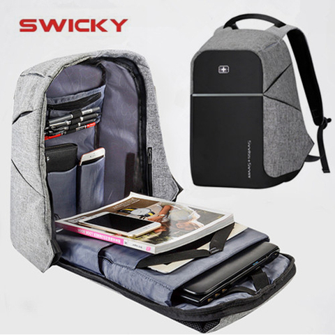 SWICKY-moda con carga USB de música MP3 para hombre, mochila informal de negocios, antirrobo, impermeable, para ordenador portátil de 15,6 pulgadas ► Foto 1/6