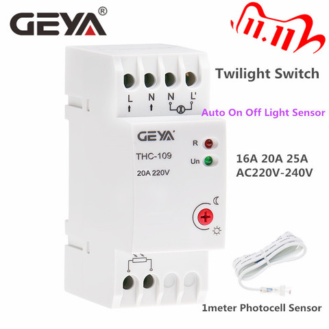 GEYA-Sensor de iluminación de carril Din, interruptor de Control de luz con fotocélula, encendido y Apagado Manual automático, 16A, 20A, 25A, con Sensor AC220V ► Foto 1/6