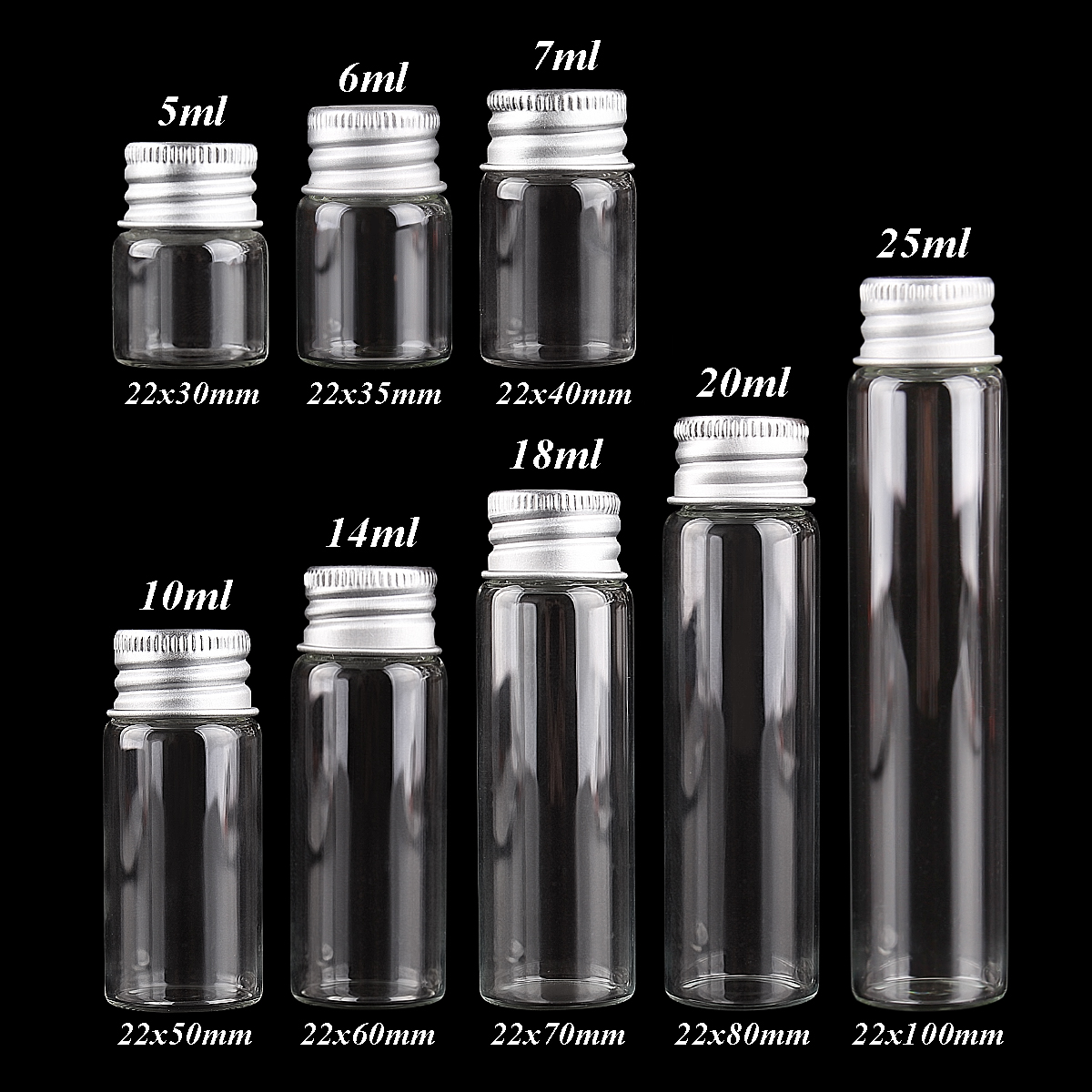 100pcs 5ml 6ml 7ml 10ml 14ml Mini botellas de vidrio con tapa de