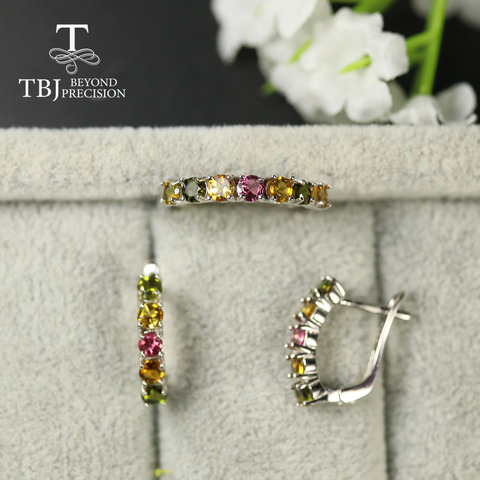 TBJ-Conjunto de joyería de turmalina natural, conjunto de anillo redondo de tamaño pequeño de 3mm, pendiente de anillo natural de toumalina de Brasil, Plata de Ley 925 ► Foto 1/6