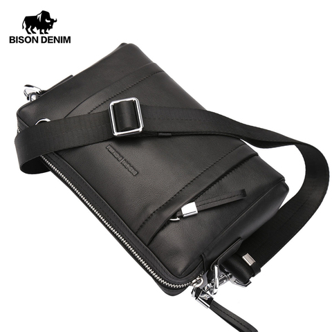 Bison Denim Garantía 100% De Cuero Genuino Bolso Bandolera Negro Bolsa de Mensajero de Los Hombres bolsa de Embrague Cremallera Cartera N8016 ► Foto 1/6