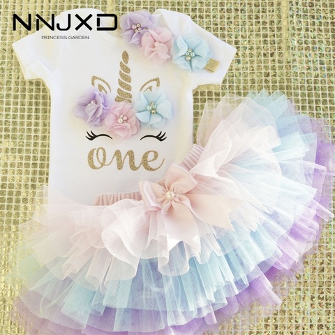 Vestido Floral de unicornio para niñas pequeñas, vestido de 1 año de cumpleaños, pastel de bebés trajes para bebés, vestido de bautizo de 12 meses ► Foto 1/6