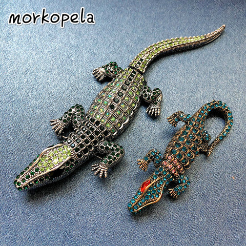 Morkopela-broche con diamantes de imitación de cocodrilo grande para mujer, broche de Animal Vintage, broche de Metal de cocodrilo de cristal, brocha de joyería ► Foto 1/6